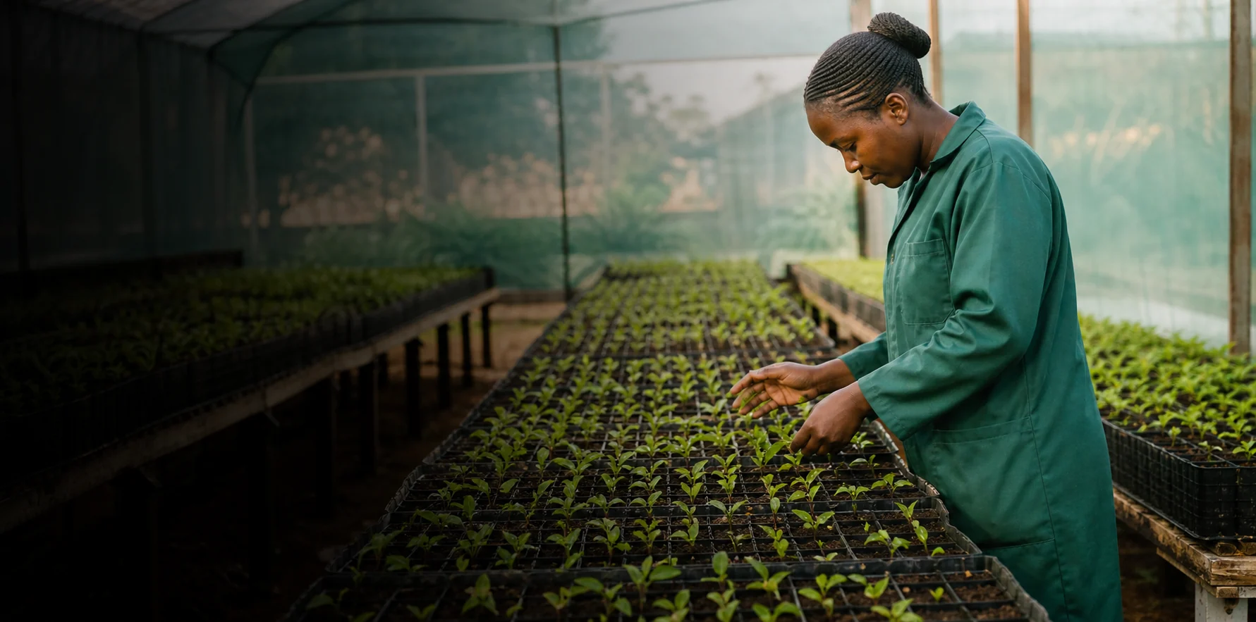 Representative image of a Kenyan nursery worker caring for young seedlings